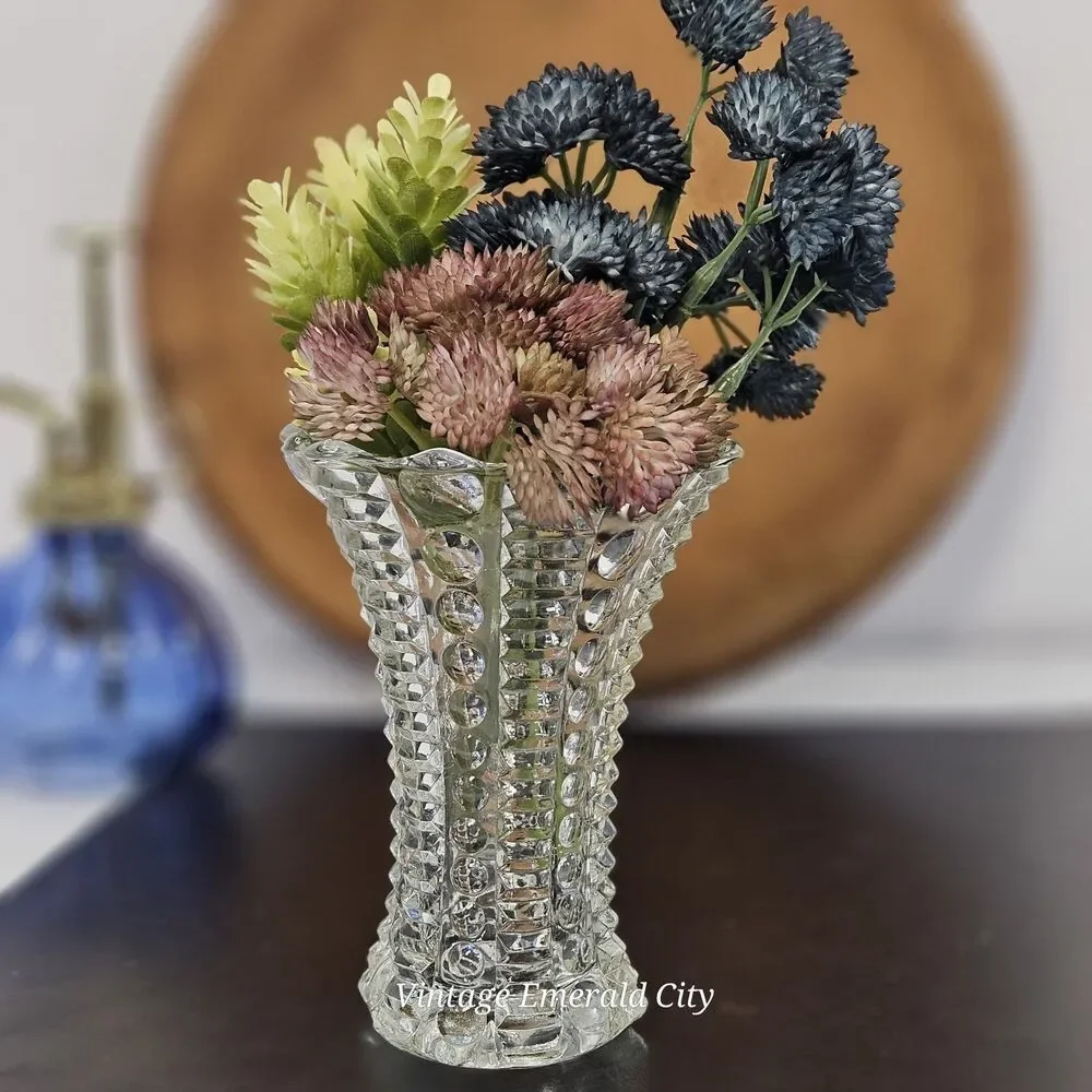 Vtg Indiana Clear Glass Bud Vase Art Deco dot dash Textured Scalloped Mayflower